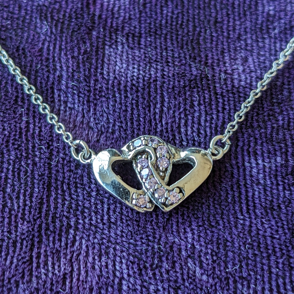 925 Sterling Silver Necklace Two Hearts With Pink Sapphire Stones